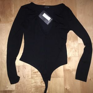 NWT black v-neck long sleeve thong bodysuit